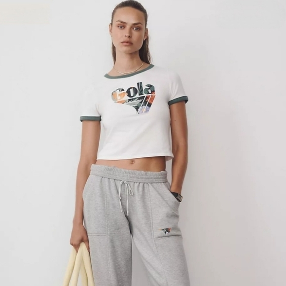 Anthropologie x Gola Graphic Ringer Baby Tee in Ivory and Green NWT - Picture 2 of 16